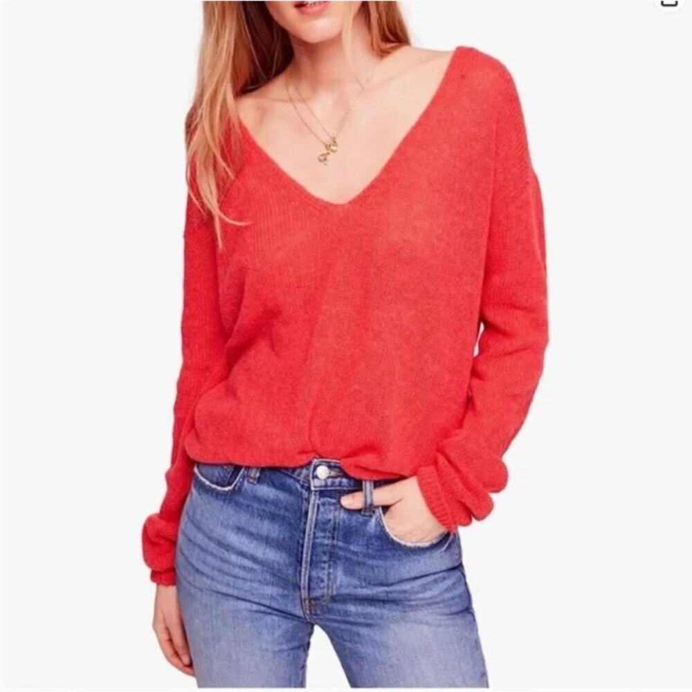 Free People Alpaca Gossamer V-Neck Pullover Sweater in Coral